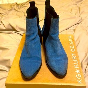 Channel your inner Elvis in blue suede booties. Size 7.5. Kurt Geiger
